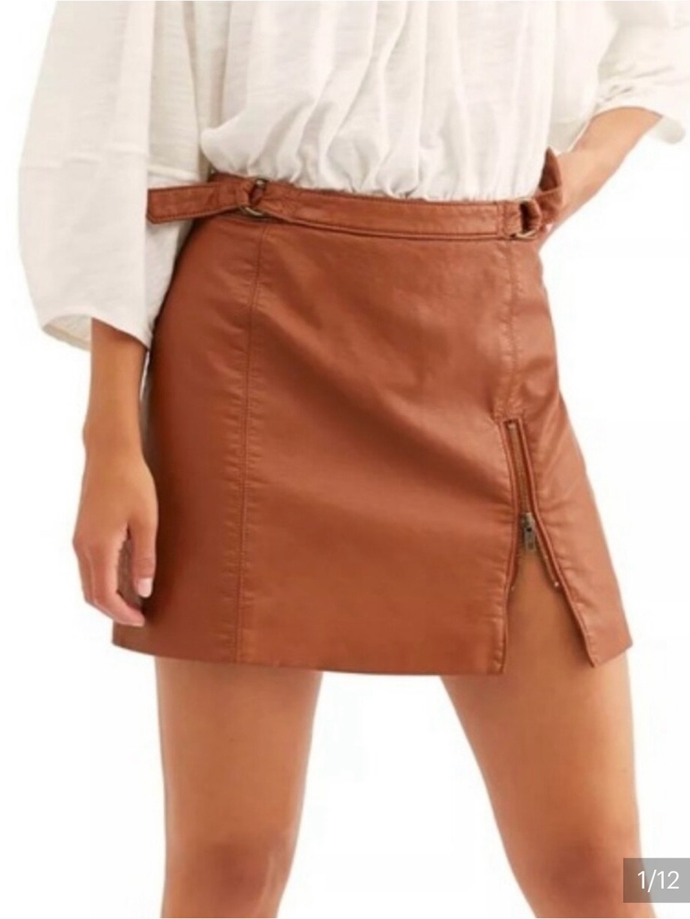 Free People Brown Faux Leather Mini Skirt with Zip